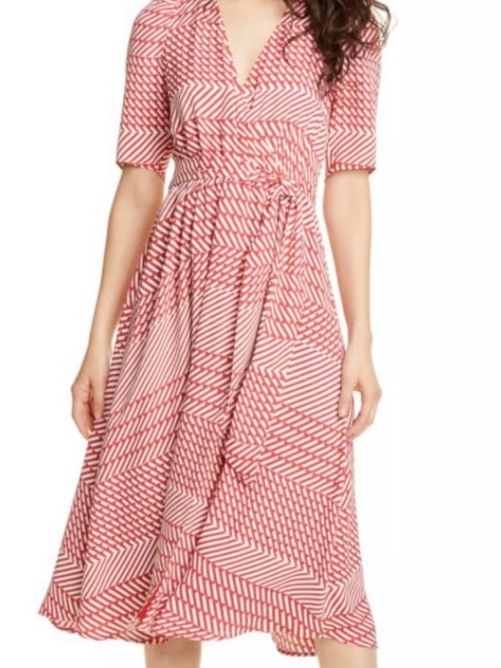 Red Patterned V‑Neck Wrap Midi Dress